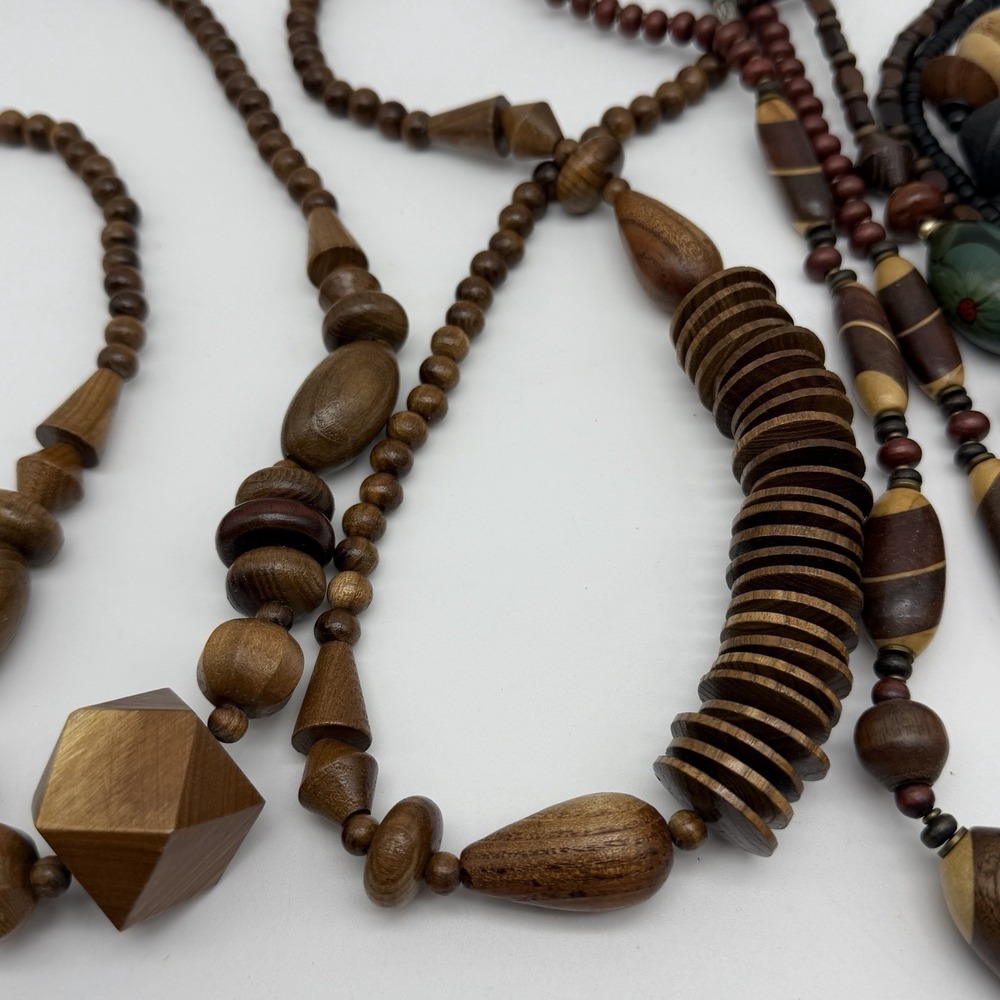 Wood Bead Necklaces Boho Chunky Statement Natural Jewelry Brown Neutral Lot Of 5 - Picture 6 of 8